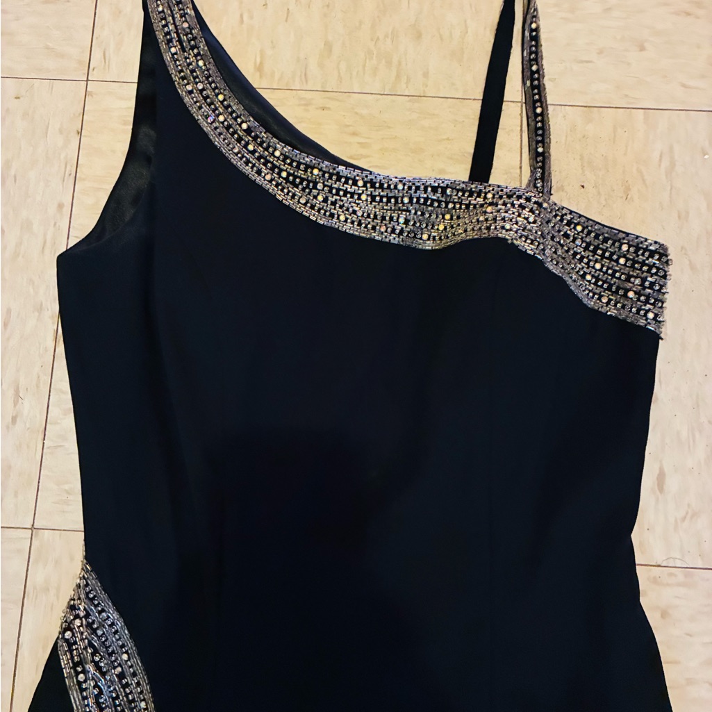 Elegant Black One-Shoulder Dress With Silver Accents